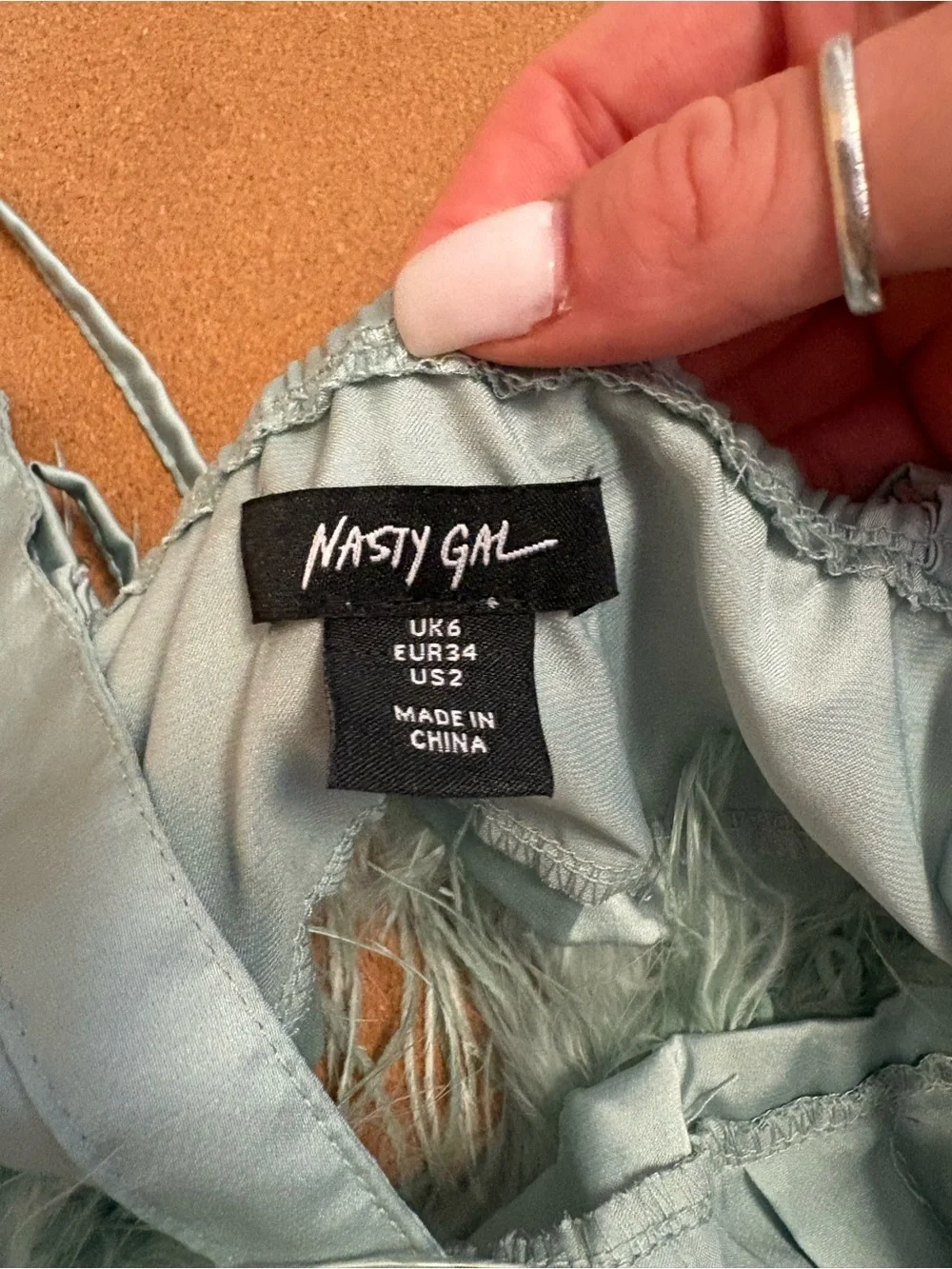 Nasty Gal Light Aqua Satin Feather-Trim Bralette & Shorts Set